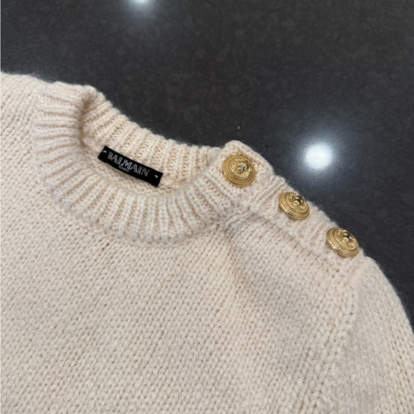 Balmain Crew Cream Wool Sweater with Gold Button Accents - Picture 1 of 3